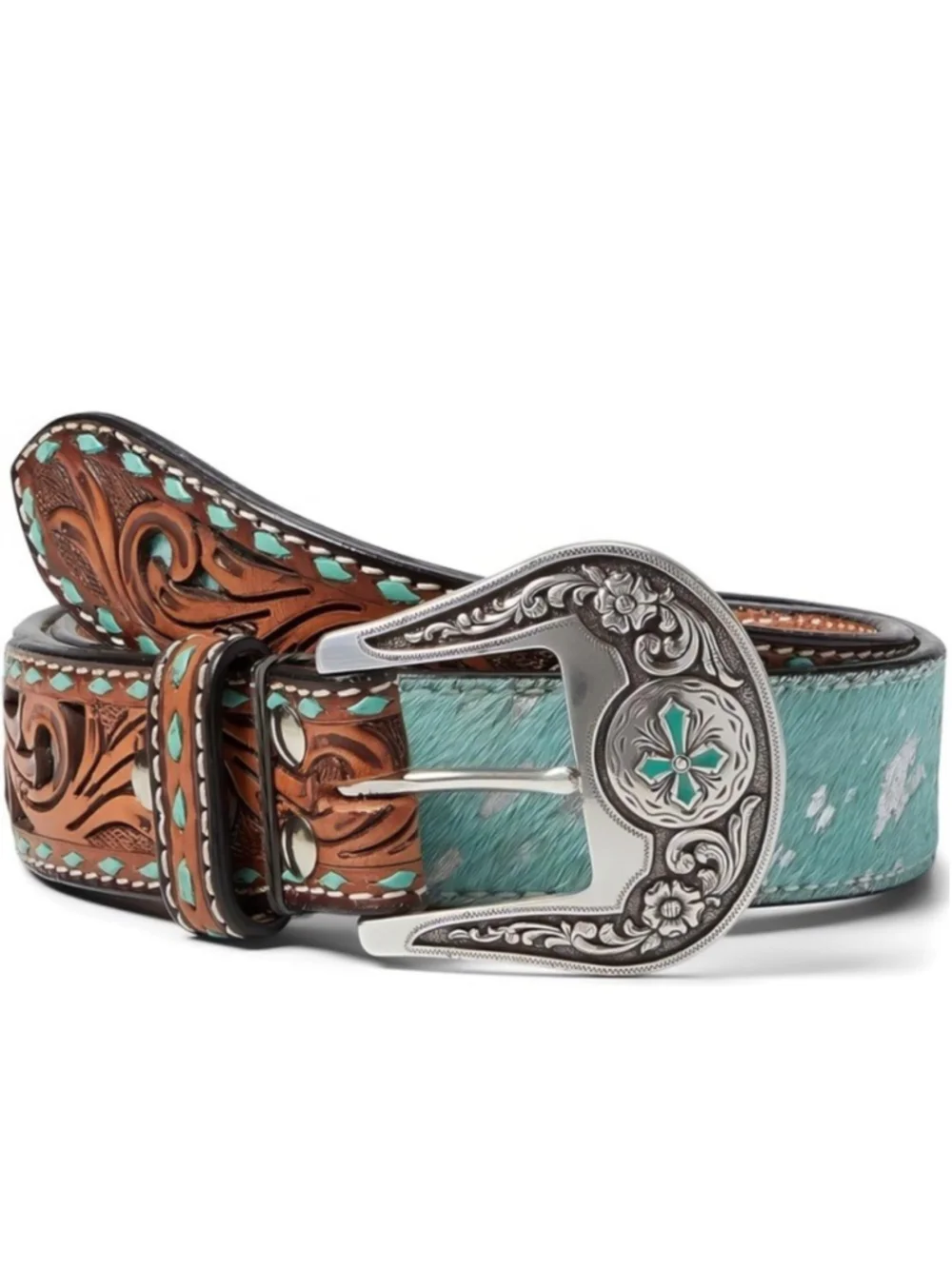 Angel Ranch Genuine Leather Belt Turquoise Silver Tone Hair On Western Buckle M